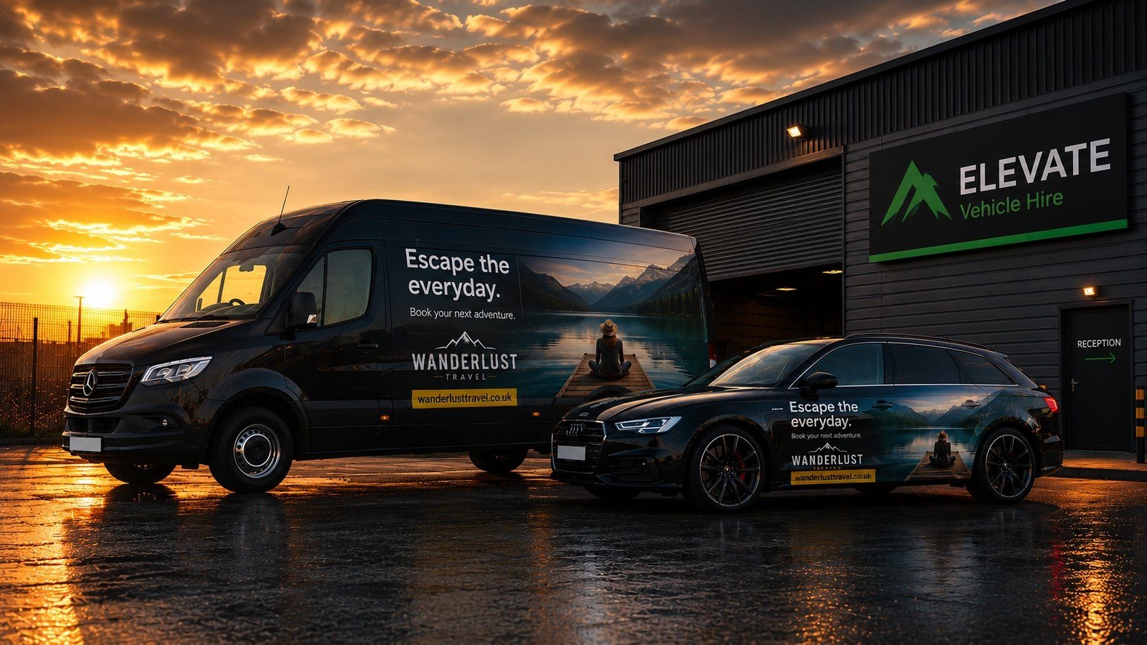 Wrapped Wanderlust Travel van and car parked at a vehicle hire depot at sunset